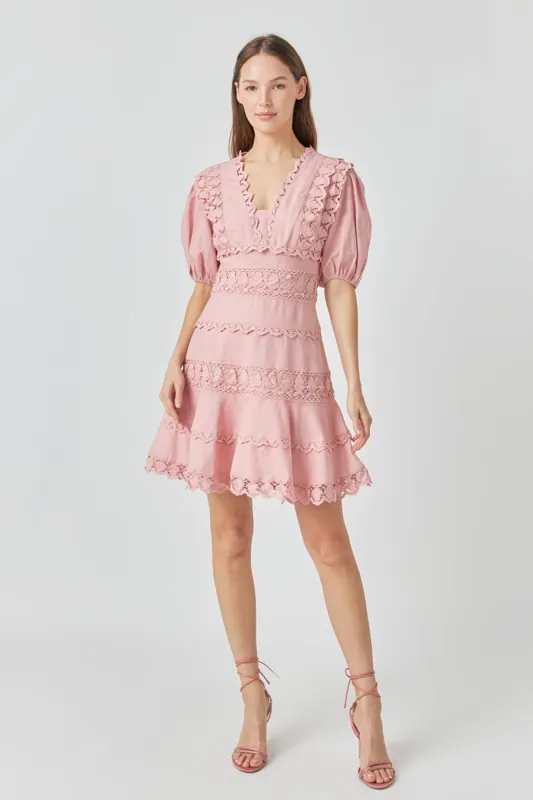 Plunging Lace Trim Dress with Puff Sleeve sold by Endless Rose