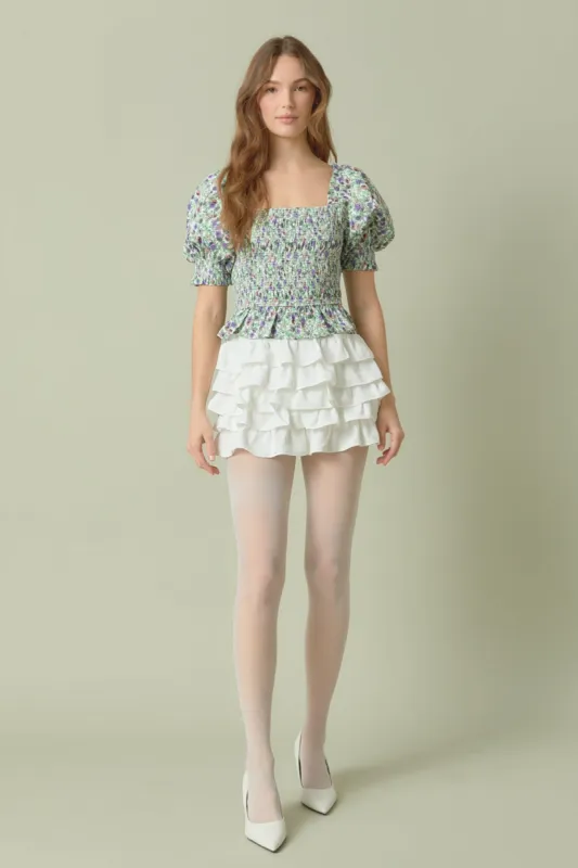 Jacquard Floral Smocked Puff Sleeve Top sold by Endless Rose