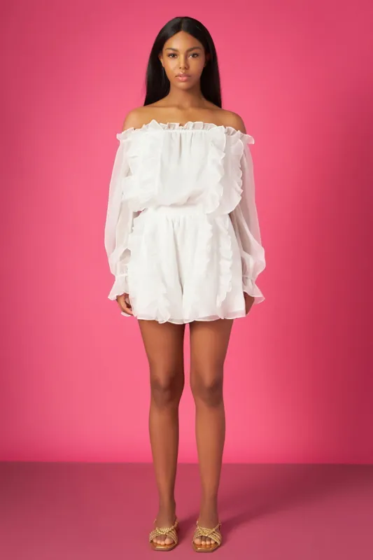 Off the Shoulder Ruffled Romper sold by Endless Rose