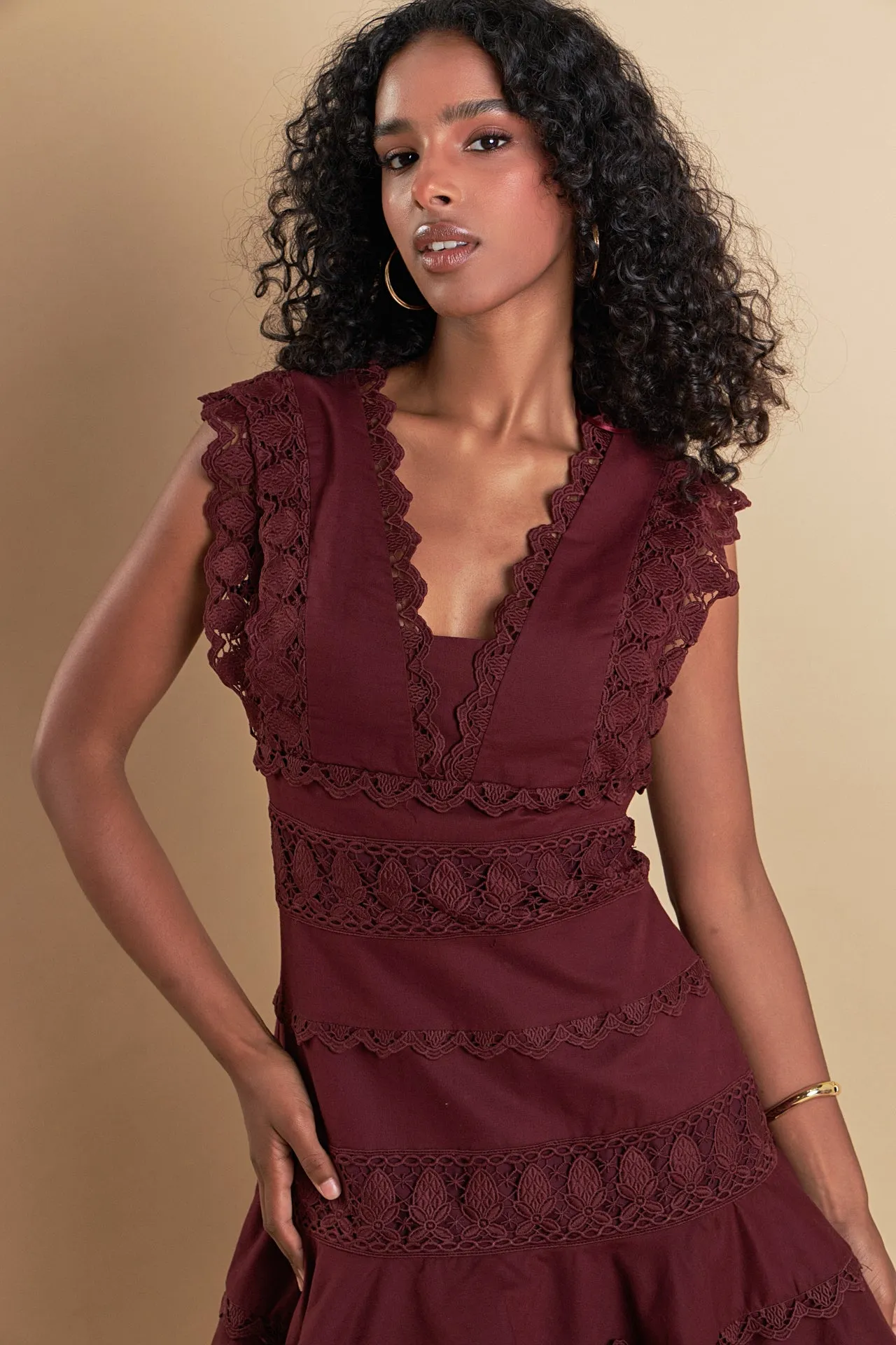 Plunging Neck Lace Trim Dress sold by Endless Rose