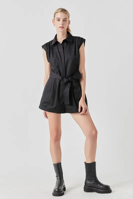 Shoulder Pleated Collared Romper sold by Endless Rose