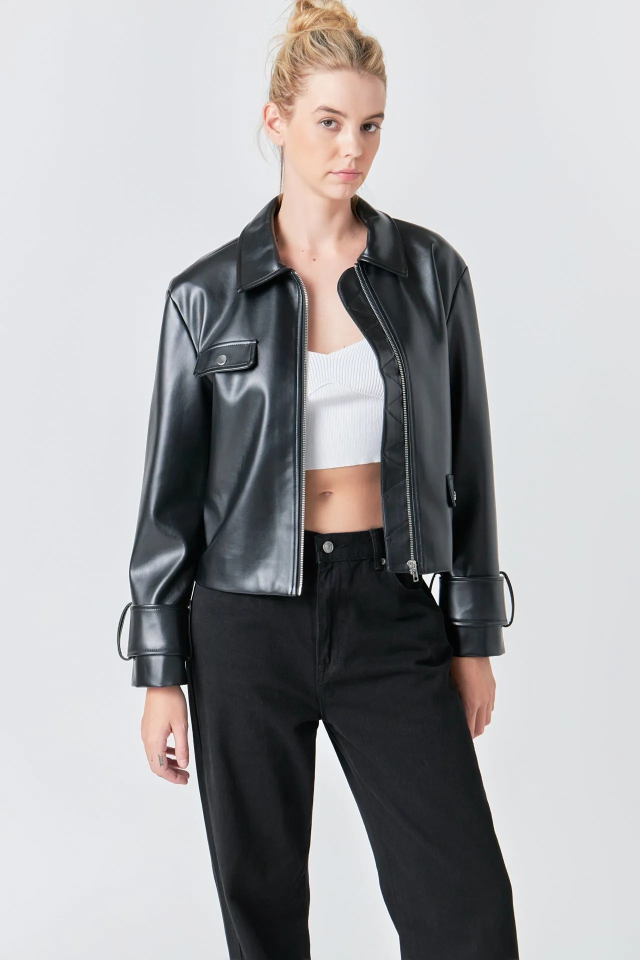 Zip Up Cropped Faux Leather Jacket sold by Endless Rose