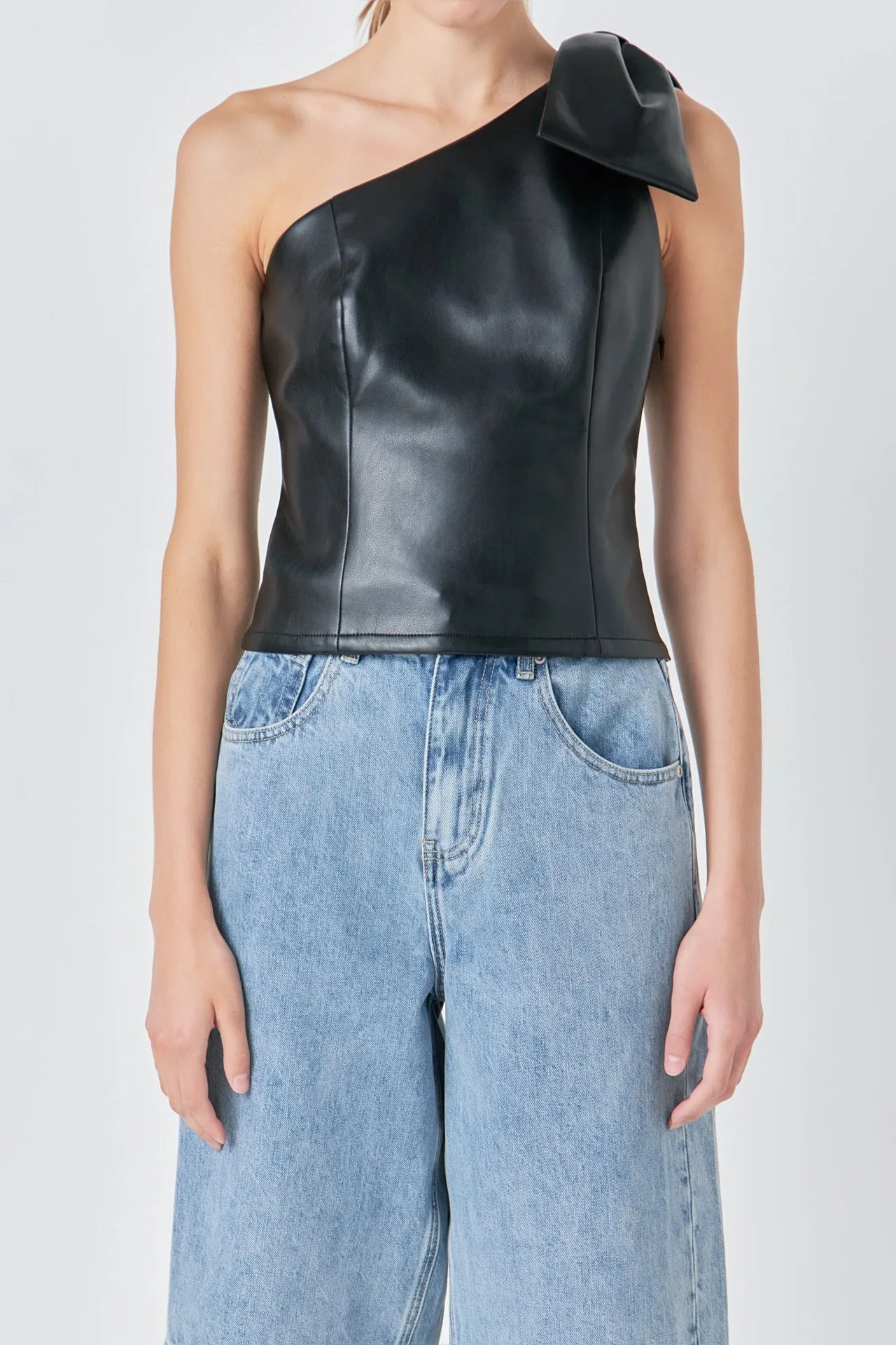 Asymmetric Faux Leather Top with Bow Tie sold by Endless Rose product image thumbnail 3