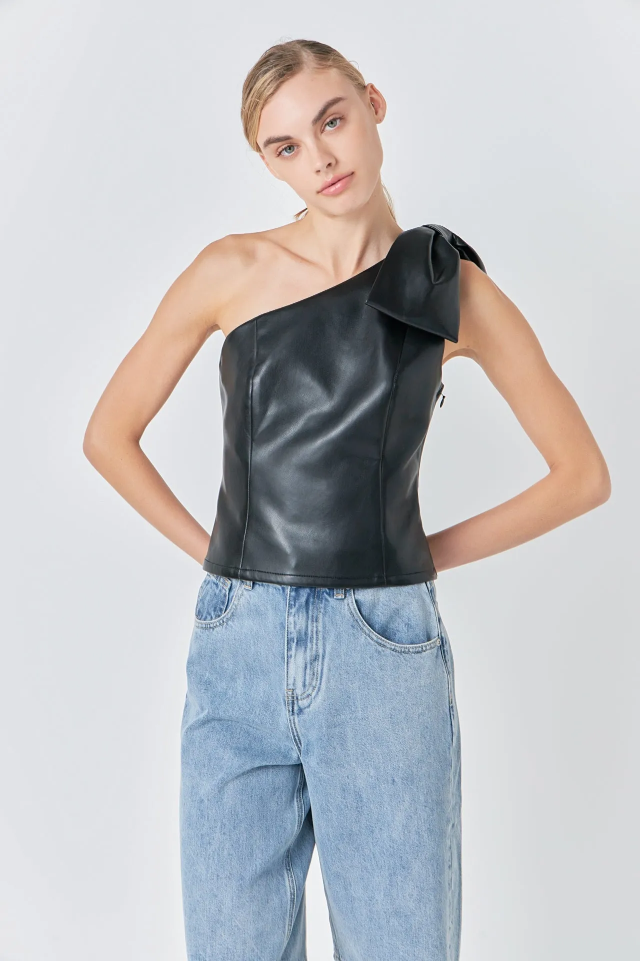 Asymmetric Faux Leather Top with Bow Tie sold by Endless Rose