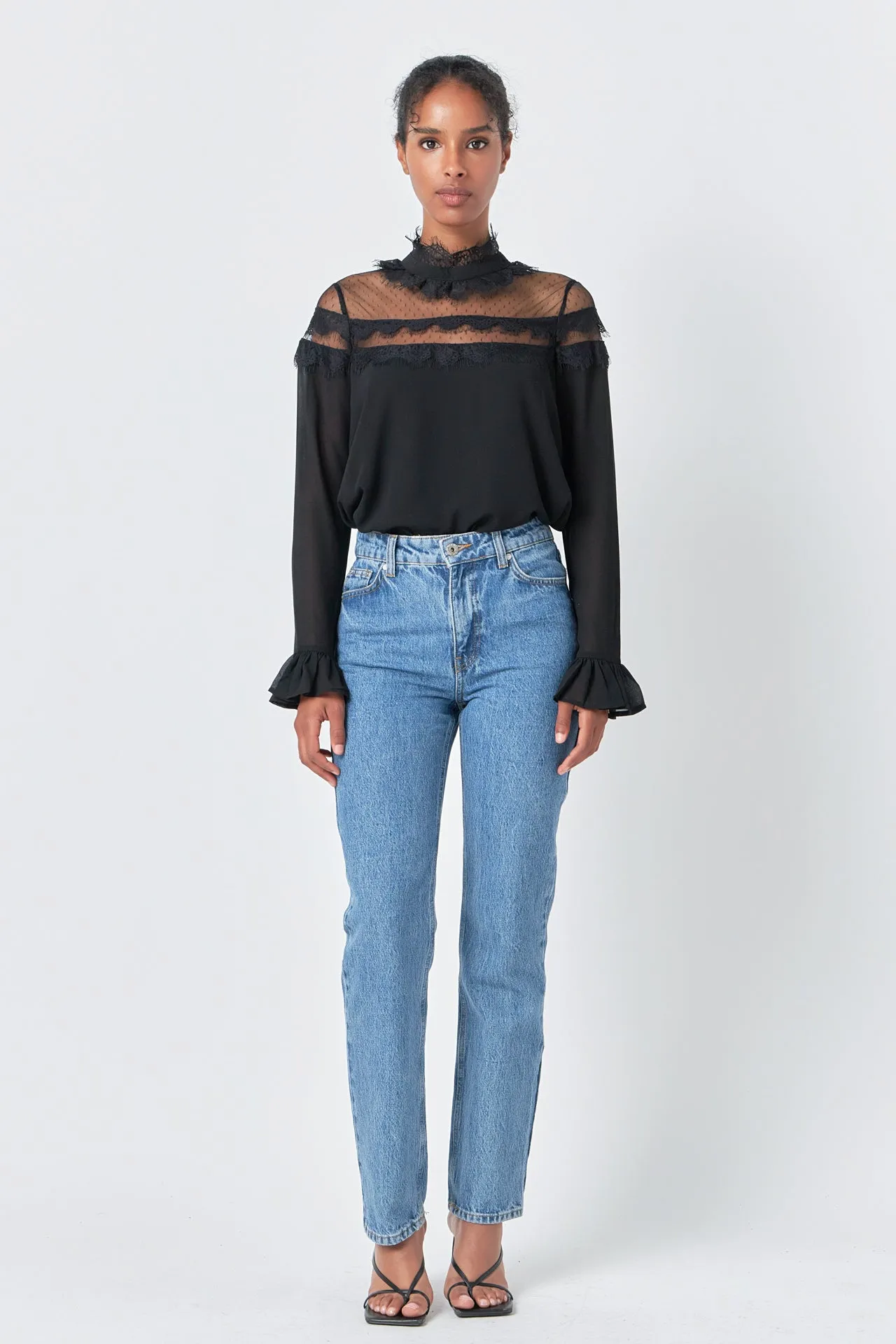 Blouse with Mesh Yoke and Lace Trim Detail sold by Endless Rose