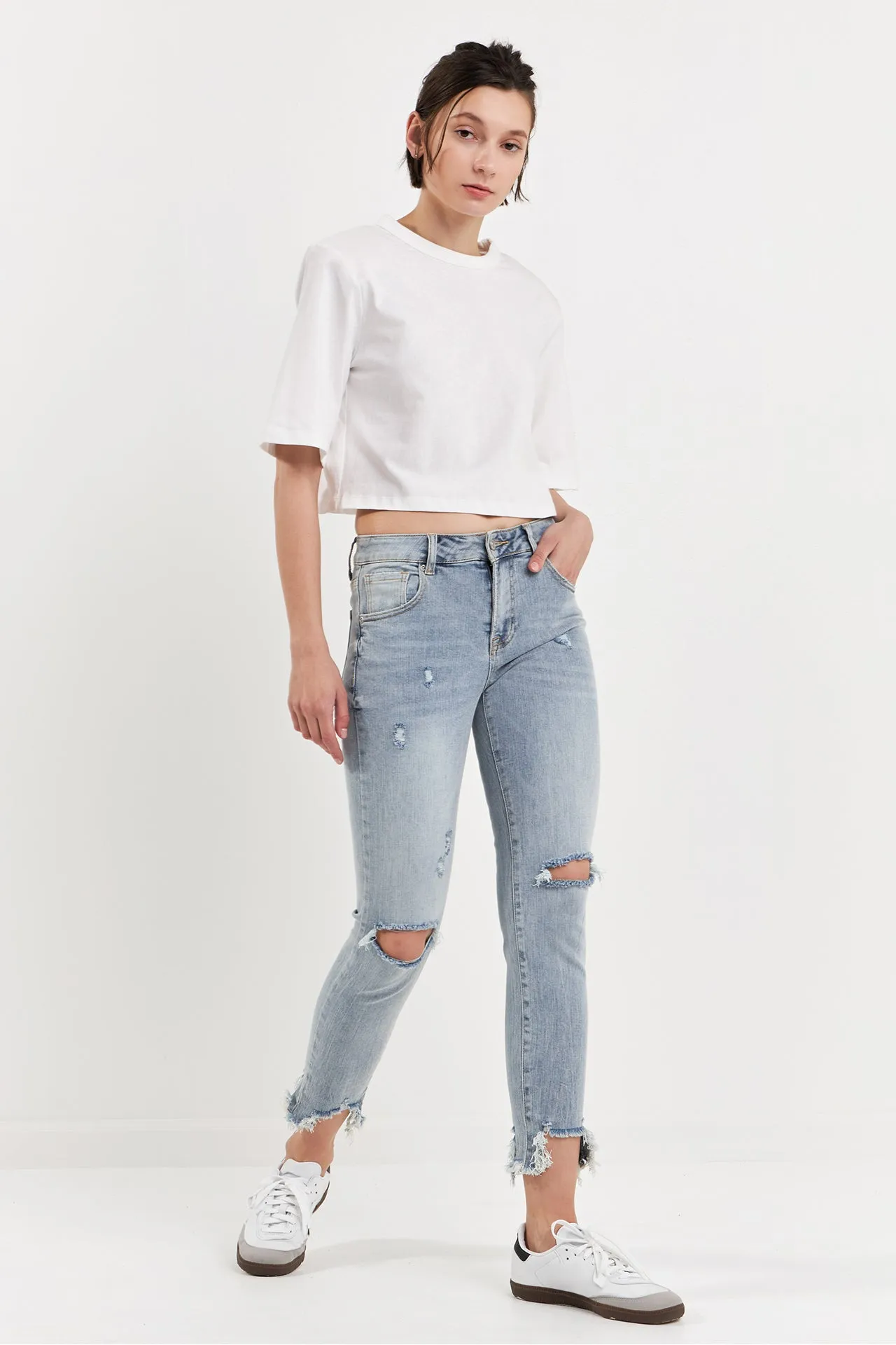 Mid Rise Distressed Ankle Skinny Jeans sold by Endless Rose