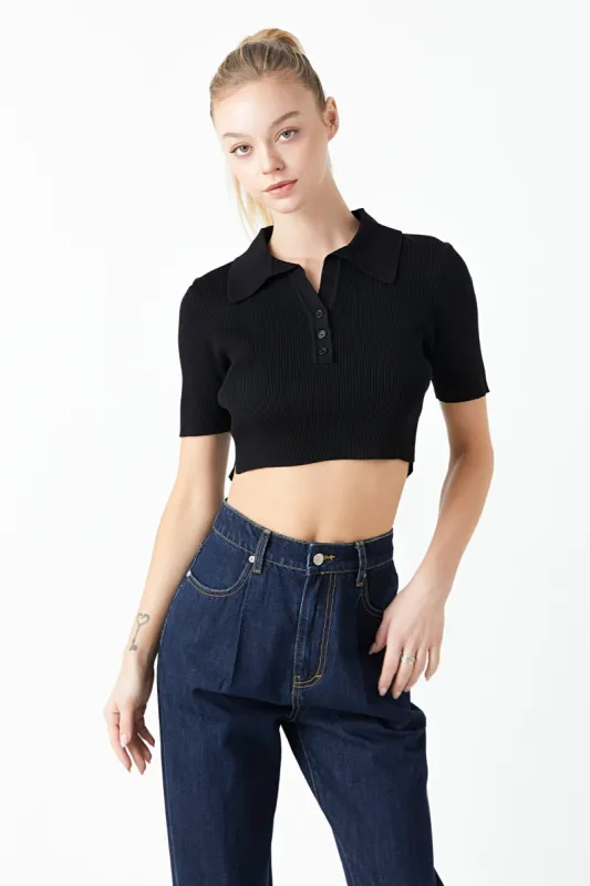 Ribbed Polo Knit Top with Side slit made by Endless Rose