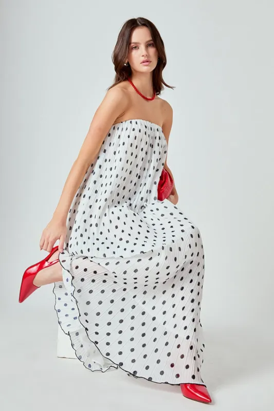Samantha Strapless Pleated Polka Dot Maxi Dress sold by Endless Rose