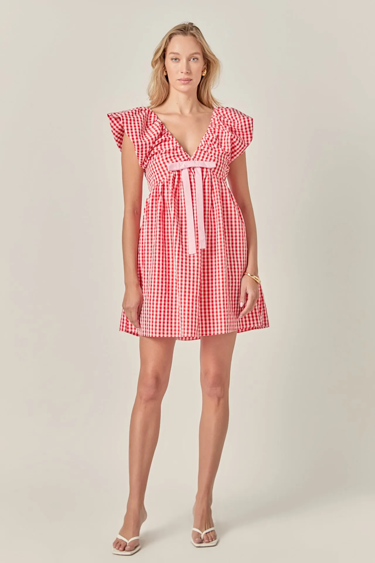 Gingham Blouson Shoulder Mini Dress sold by Endless Rose