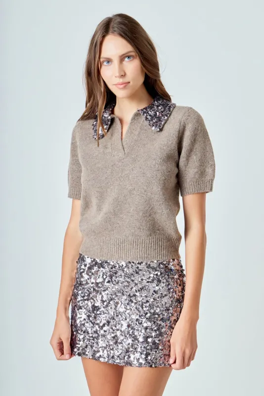 Sequin Accent Collar Knit Sweater Top sold by Endless Rose