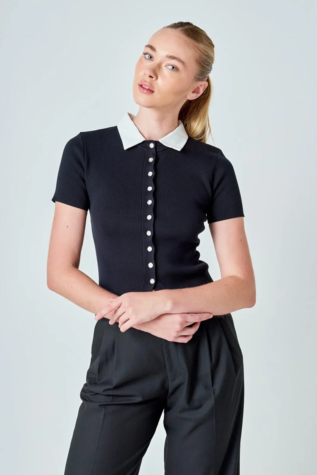 Jewel Buttoned Collared Color Block Top sold by Endless Rose