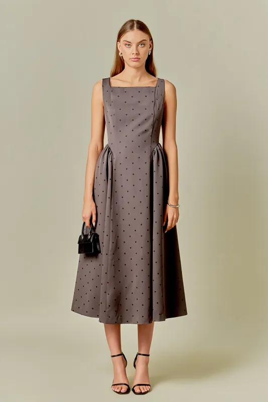 Square Neck Polka Dot Gathered Waist Midi Dress sold by Endless Rose