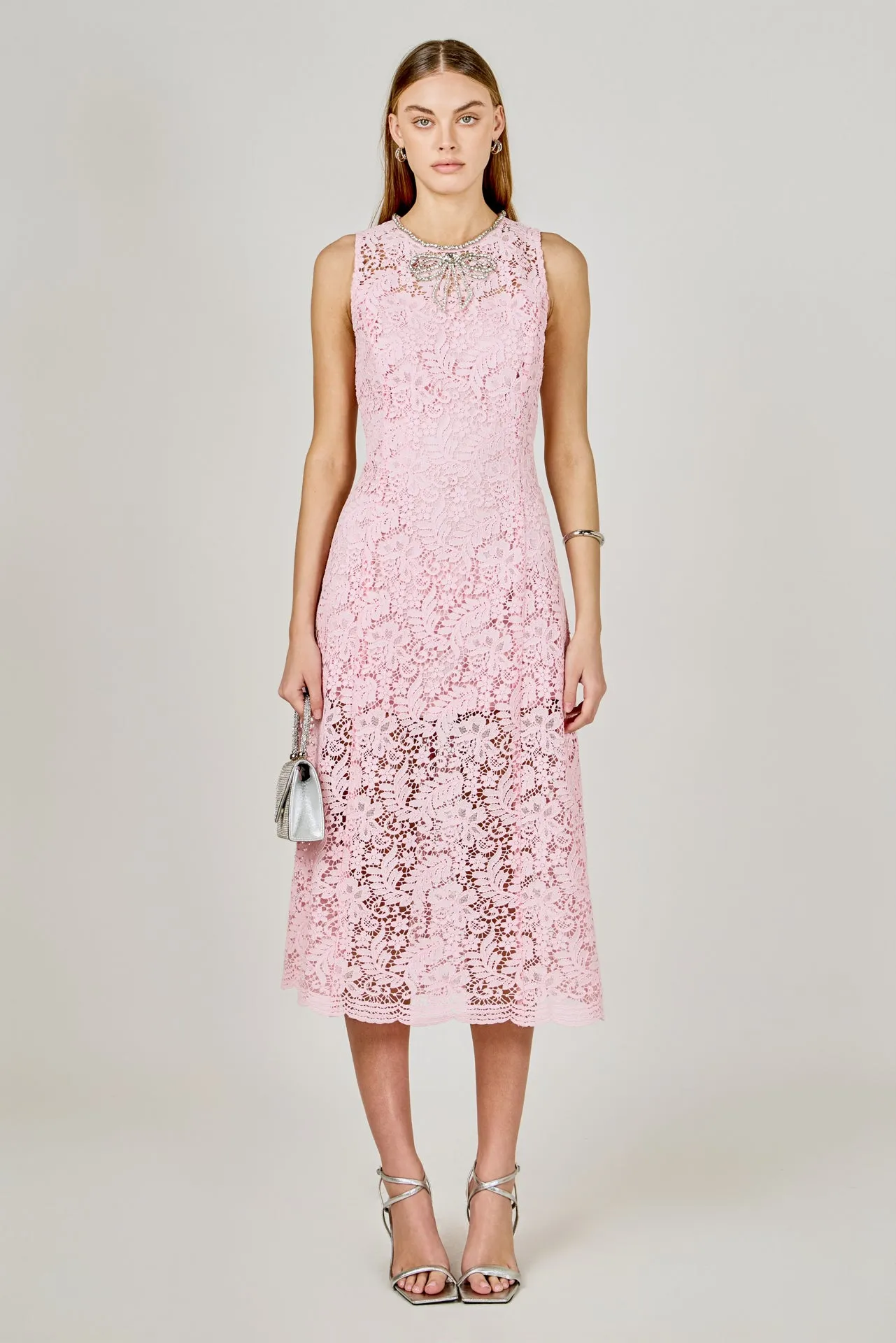 Rhinestone Bow Detailed Lace Sleeveless Midi Dress sold by Endless Rose product image thumbnail 5