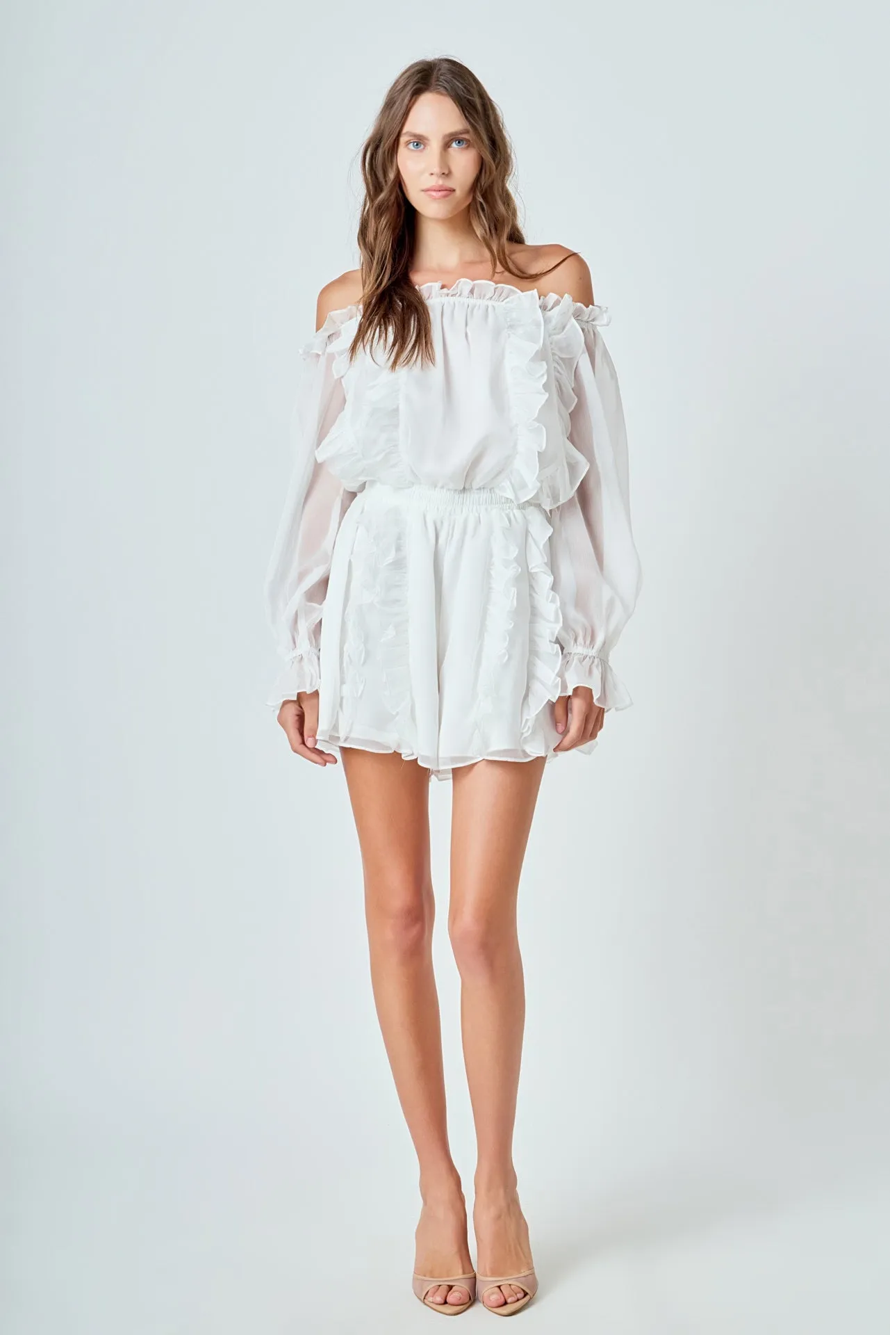 Off the Shoulder Ruffled Romper sold by Endless Rose