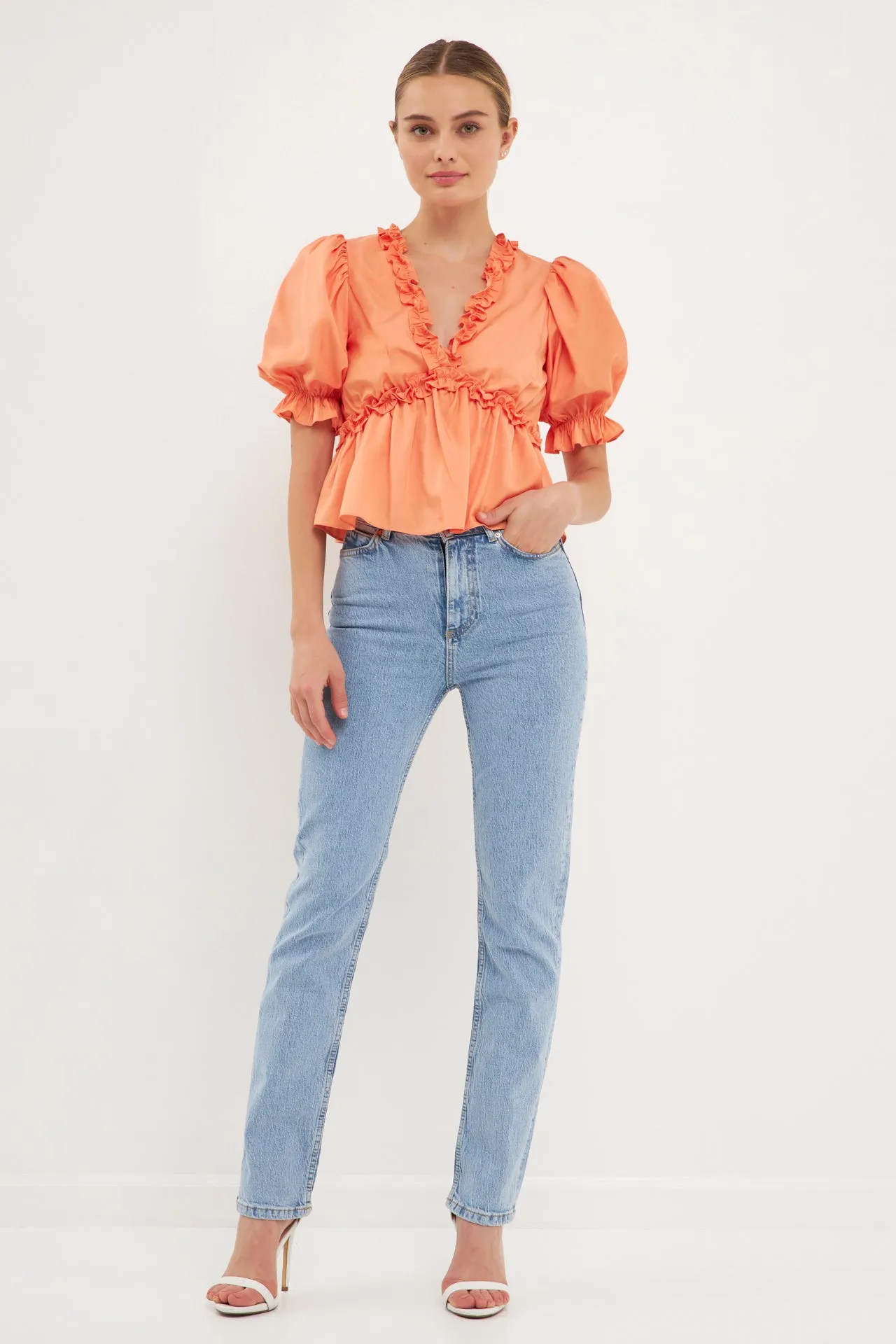 Ruffle Detail Top with Puff Sleeves sold by Endless Rose