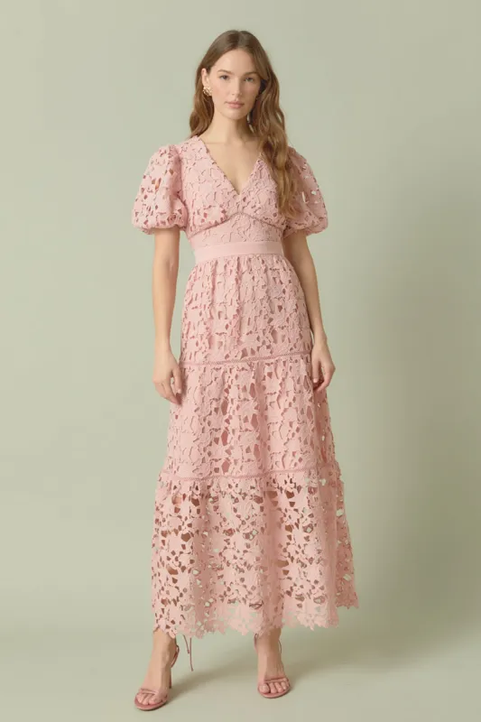 Puff Sleeve Lace Tiered Maxi Dress sold by Endless Rose