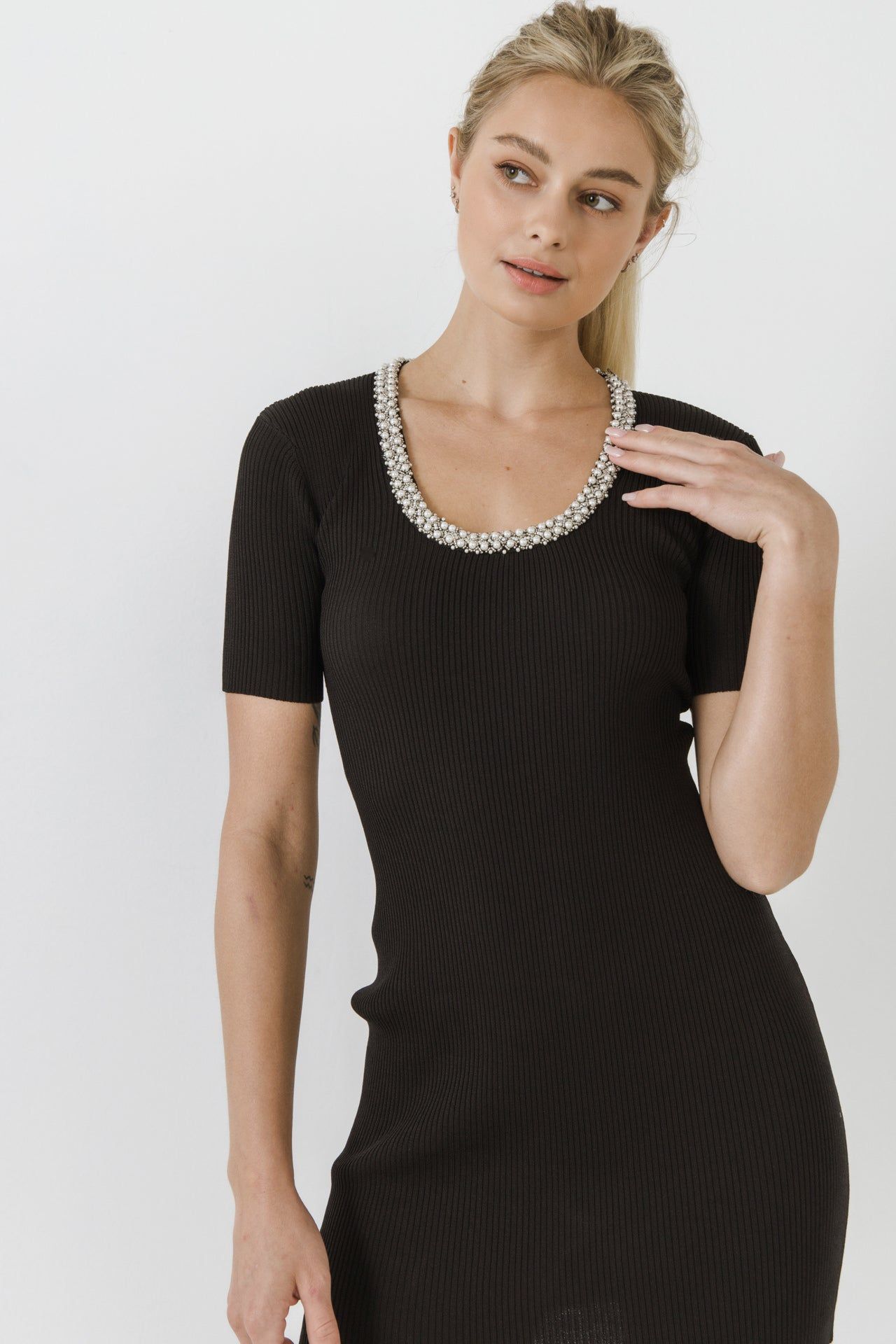 Beads & Faux Pearl Neckline Knit Mini Dress sold by Endless Rose product image thumbnail 5