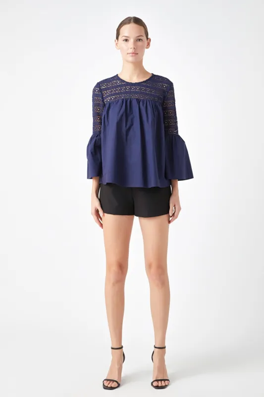 Lace with Poplin Bell Sleeve Blouse sold by Endless Rose