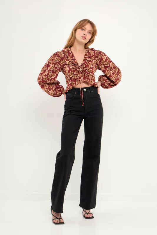 Crinkled Floral Center Cutout Blouse sold by Endless Rose