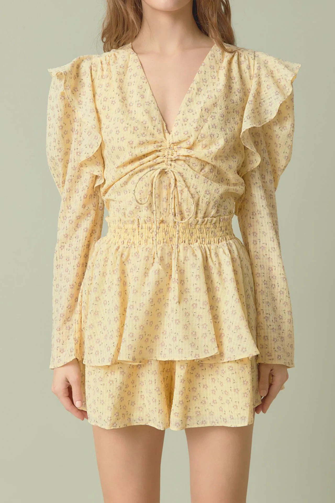 Ruched Front Long Sleeve Floral Romper sold by Endless Rose product image thumbnail 2