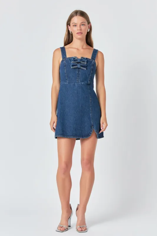 Bow Trim Denim Mini Dress sold by Endless Rose