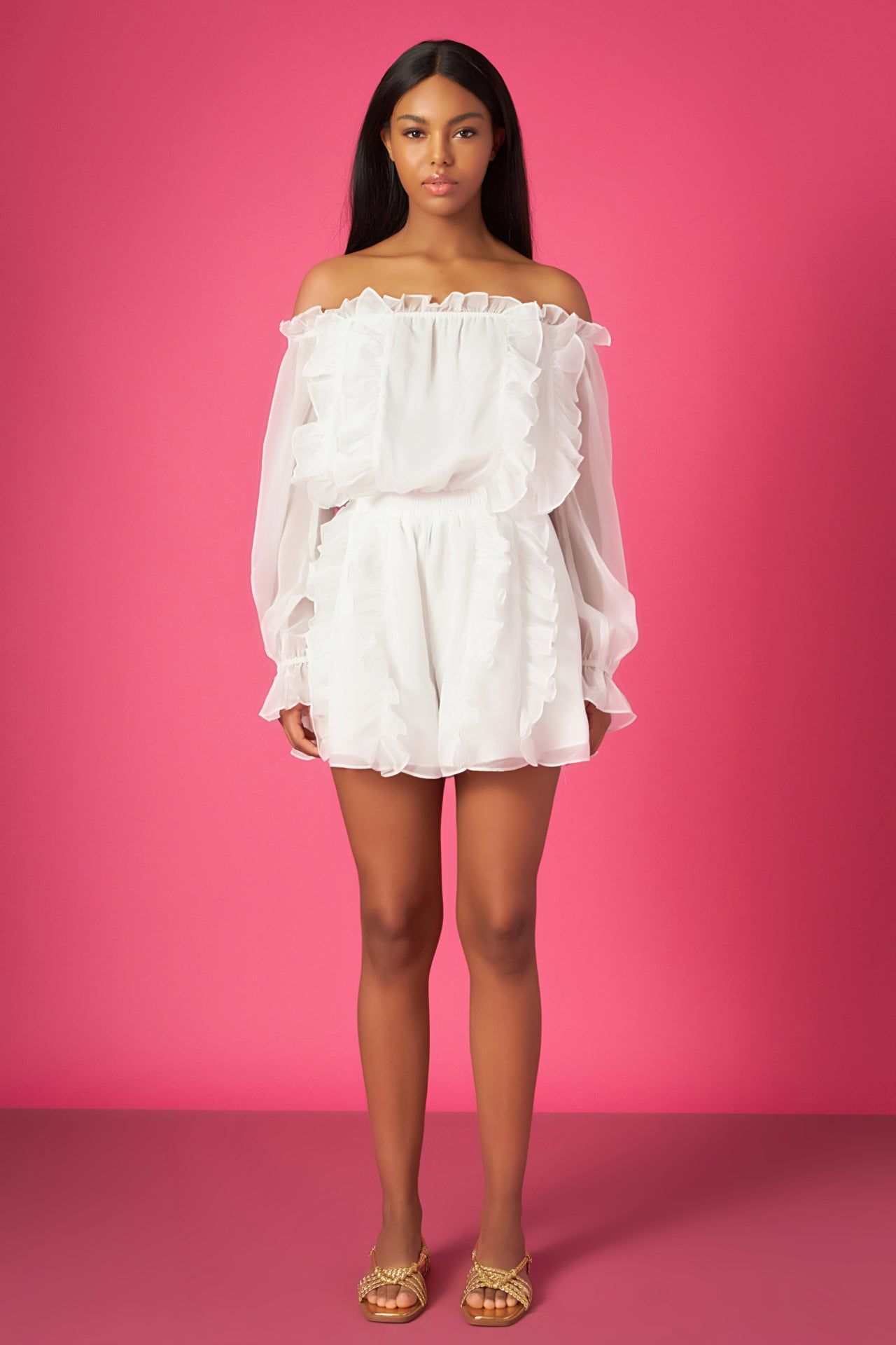Off the Shoulder Ruffled Romper sold by Endless Rose