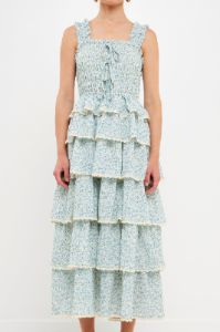 Gridded Texture Floral Smocked Tiered Maxi Dress sold by Endless Rose