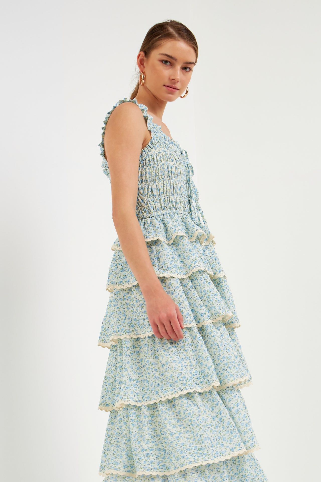 Gridded Texture Floral Smocked Tiered Maxi Dress sold by Endless Rose product image thumbnail 5