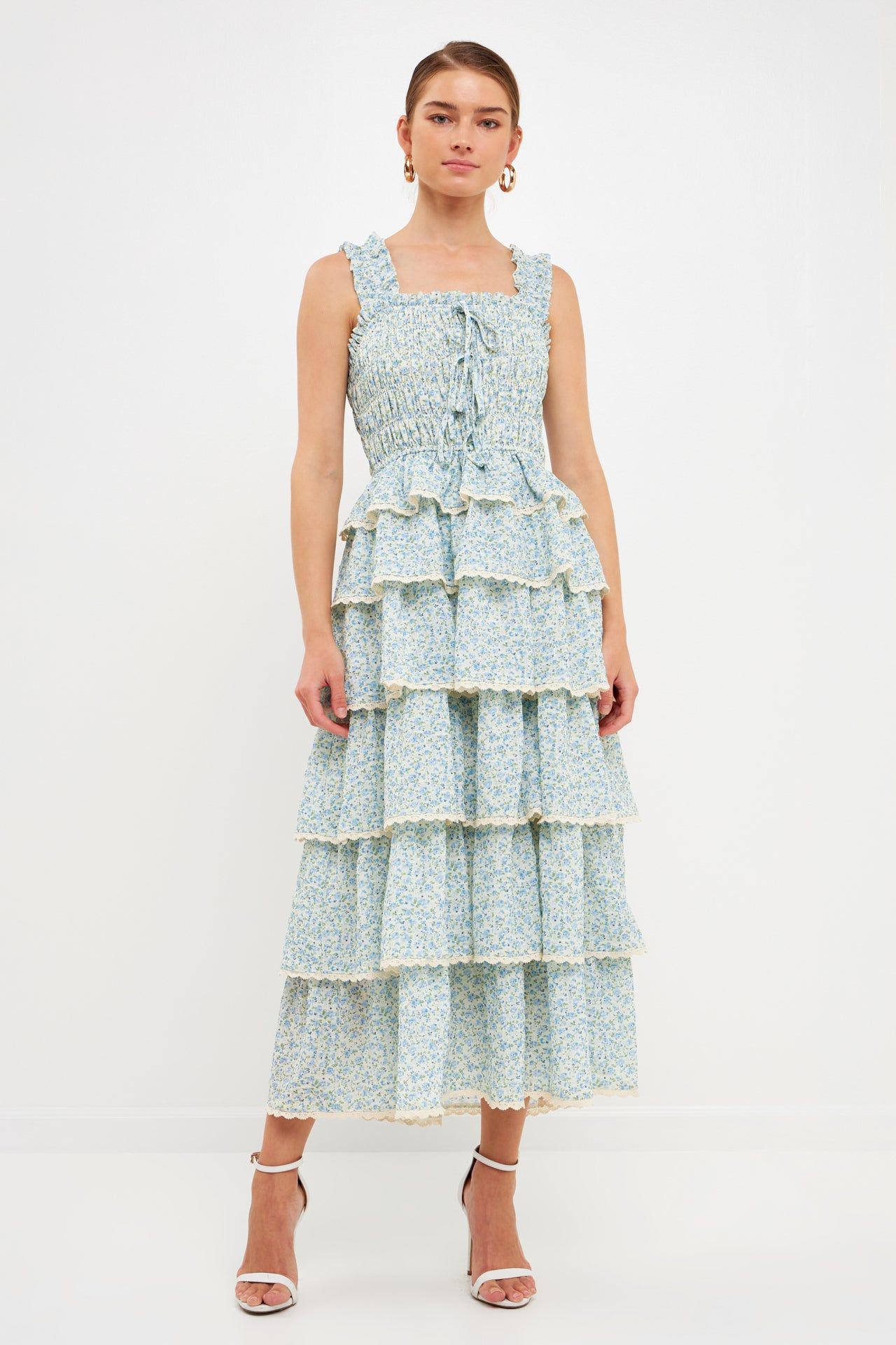 Gridded Texture Floral Smocked Tiered Maxi Dress sold by Endless Rose