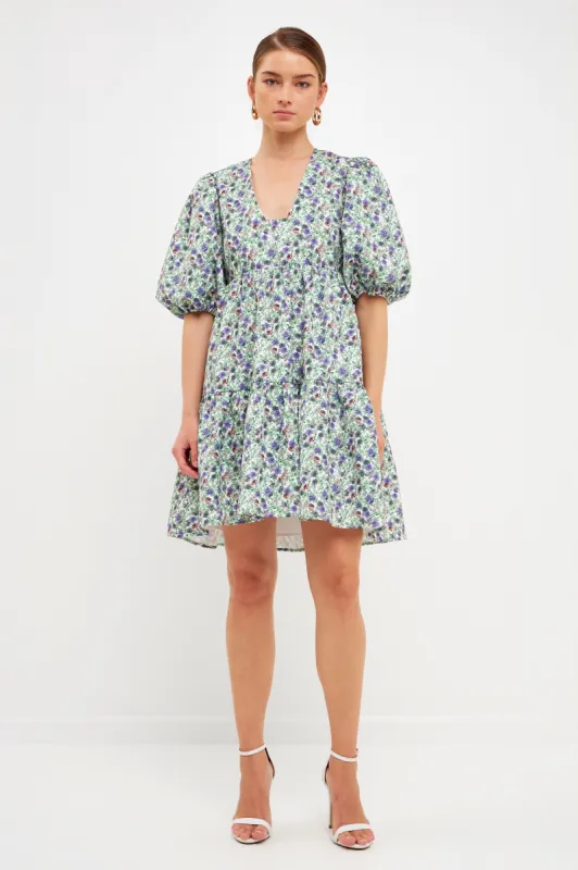 Floral Puff Sleeve Jacquard High Low Dress sold by Endless Rose
