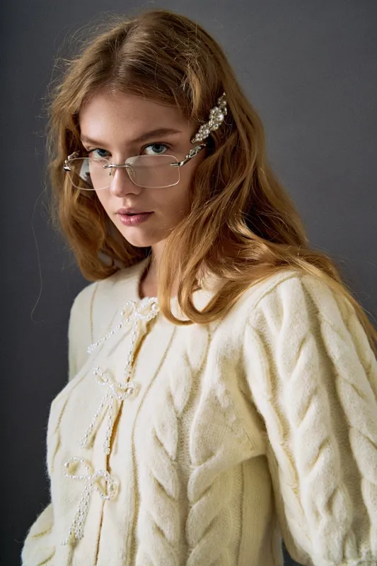 Pearl Bow Cable Knit Cardigan sold by English Factory