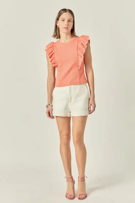Contrast Merrow Detail Ruffled Knit Top sold by English Factory