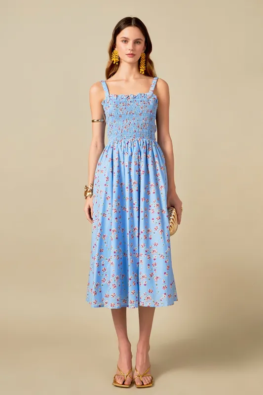 Floral Print Smocked Dress in Blue made by English Factory