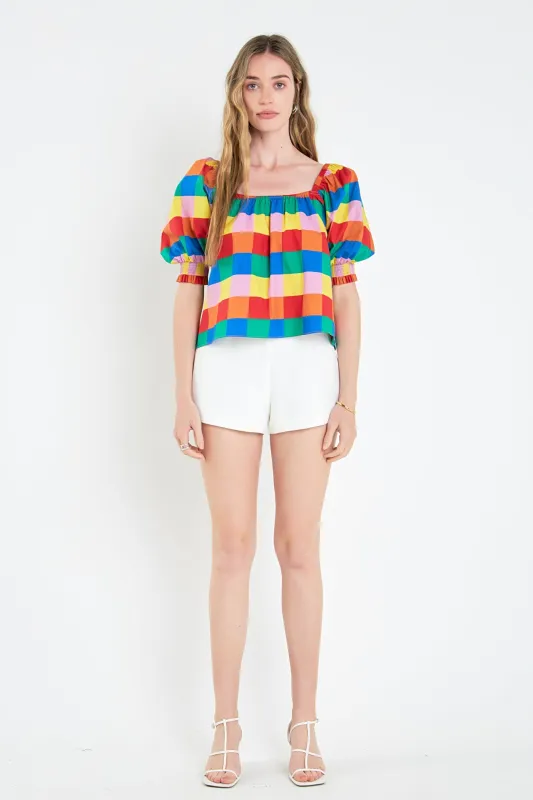 Square Neckline Puff Sleeve Checkered Top sold by English Factory