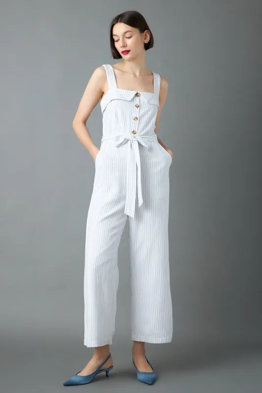 Striped Linen Jumpsuit with Wooden Buttons sold by English Factory