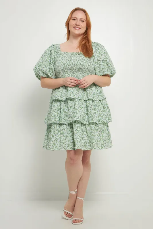 Crinkled Floral Linen Smocked Tiered Mini Dress sold by English Factory