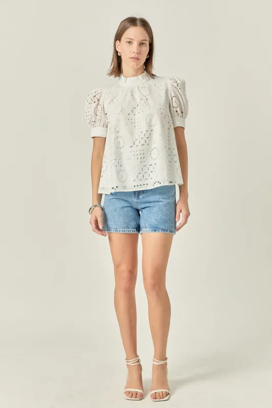 Broderie Anglaise Puff Sleeve Top sold by English Factory