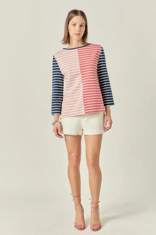 Striped Color Blocked 3/4 Length Sleeve Tee sold by English Factory
