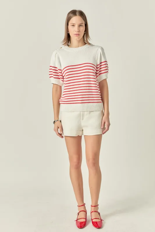 Striped Short Puff Sleeve Sweater with Buttons sold by English Factory