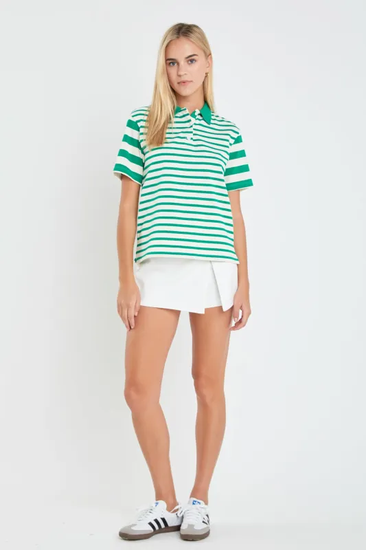 Stripe Short Sleeve Collared Knit Top sold by English Factory
