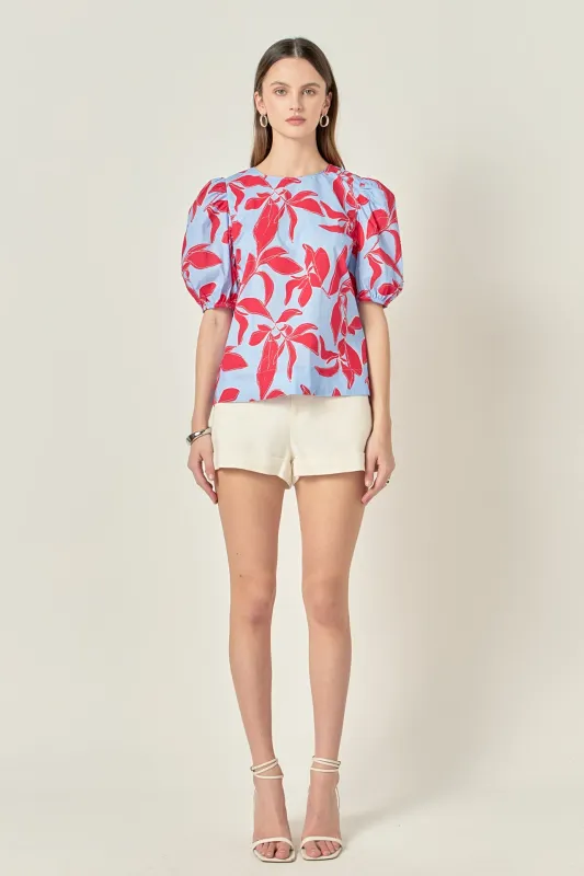 Floral Print Puff Short Sleeve Top sold by English Factory