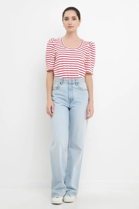 Stripe Pleated Puff Sleeve Top sold by English Factory