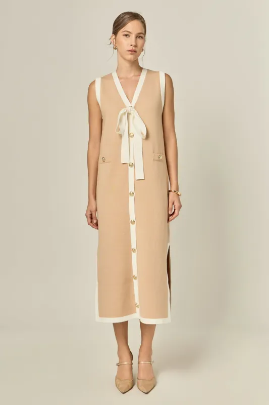 Knit Sleeveless Midi Dress With Ribbon Tie made by English Factory