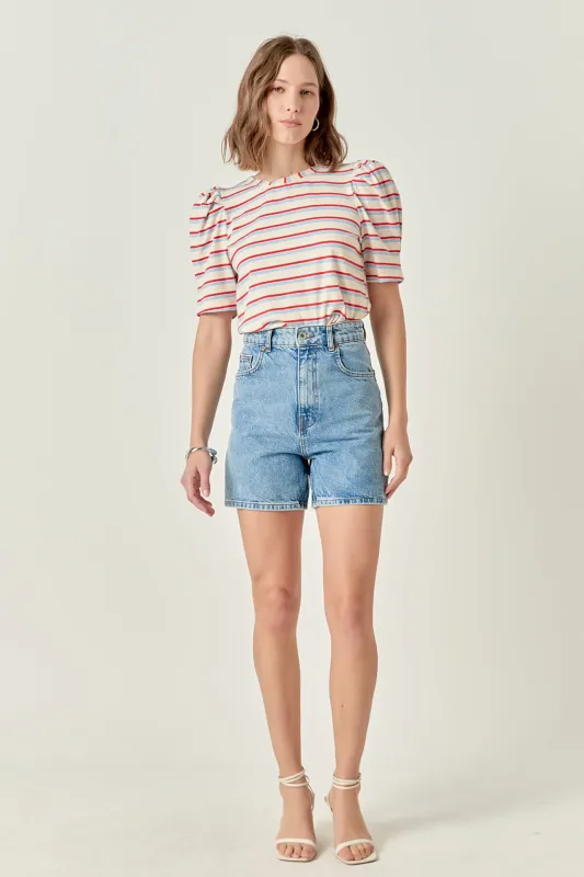 Stripe Knit Puff Sleeve Shirt sold by English Factory