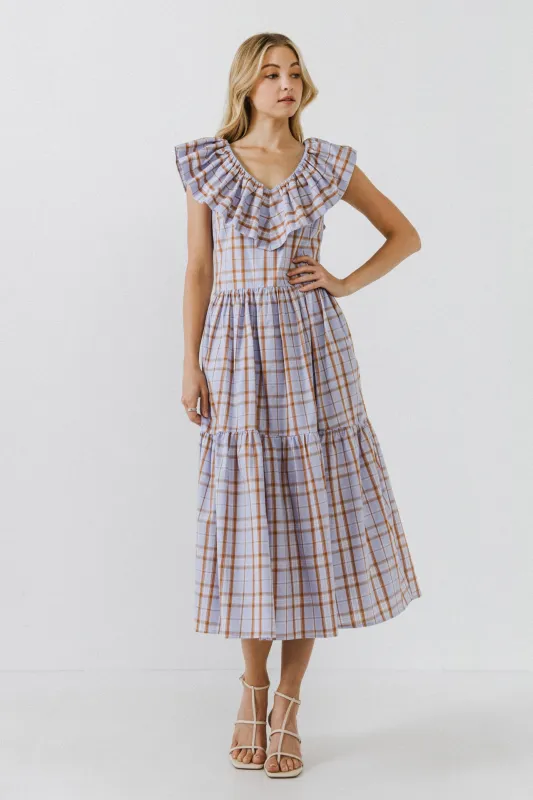 Plaid Midi Dress With Ruffle Neckline sold by English Factory