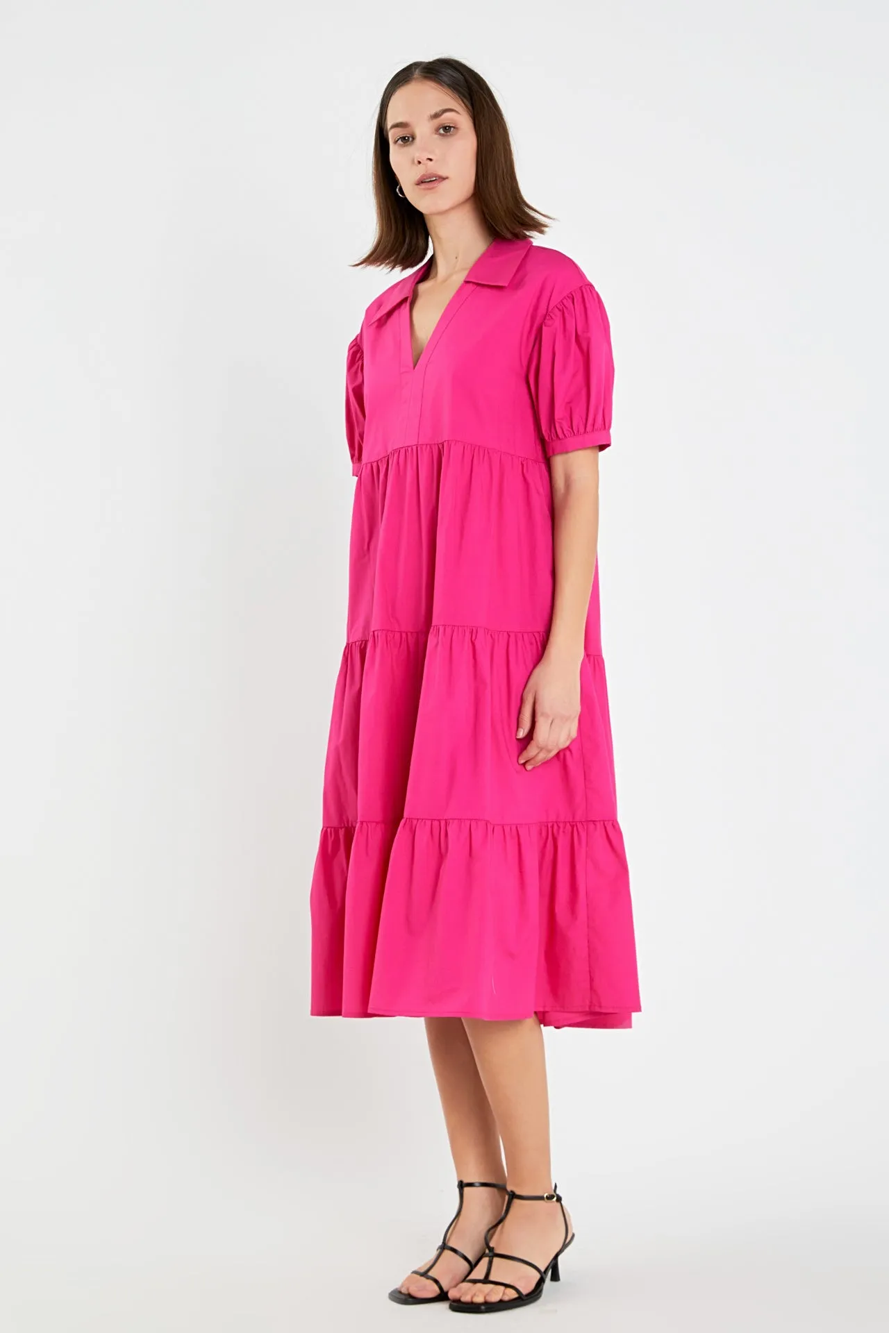 Short Puff Sleeve V-Neck Midi Dress sold by English Factory product image thumbnail 3