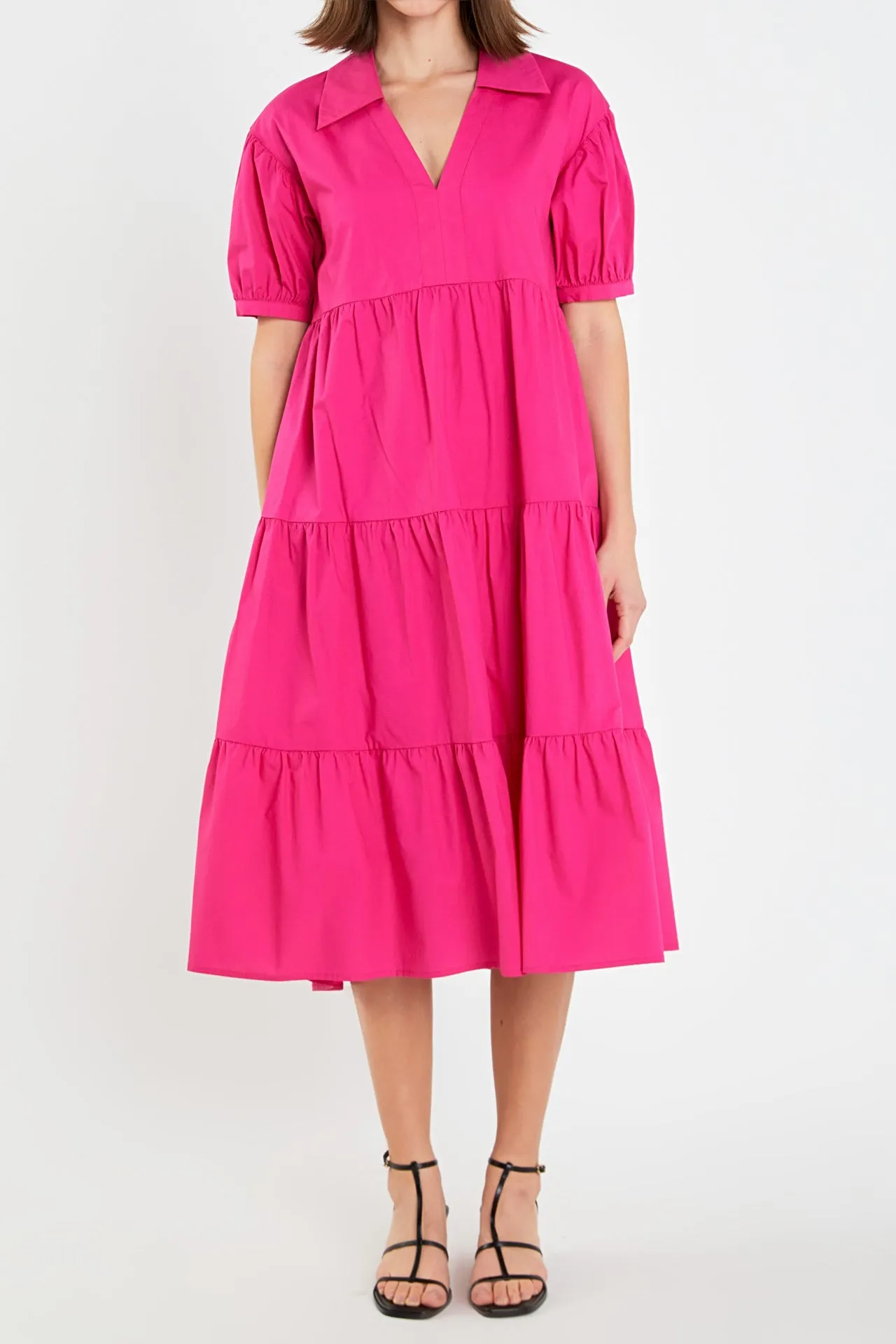 Short Puff Sleeve V-Neck Midi Dress sold by English Factory product image thumbnail 2