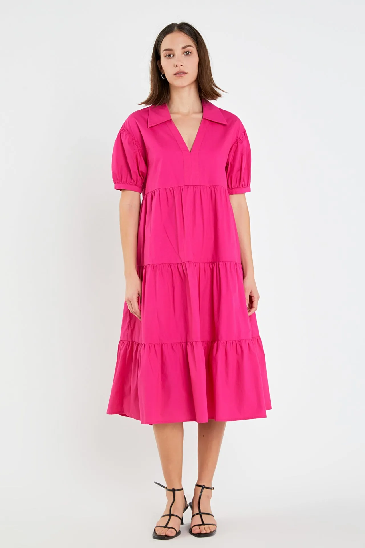 Short Puff Sleeve V-Neck Midi Dress sold by English Factory