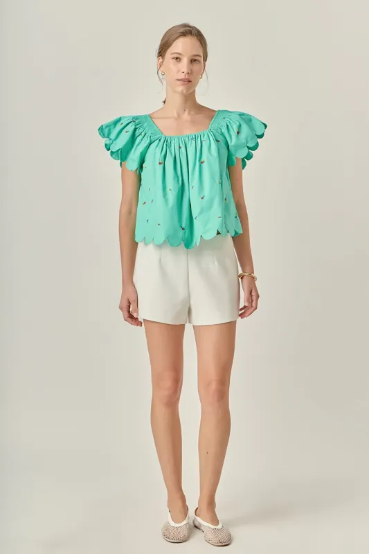 Scalloped Hem Ruffle Detail Top sold by English Factory
