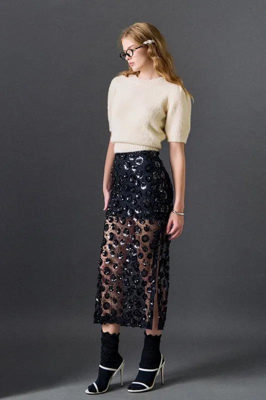 Flower Sequin Sheer Midi Skirt made by English Factory